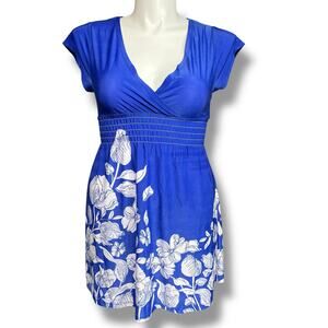 Cristina Love Womens Empire Waist Babydoll Mini Dress Smocked Floral Blue Large